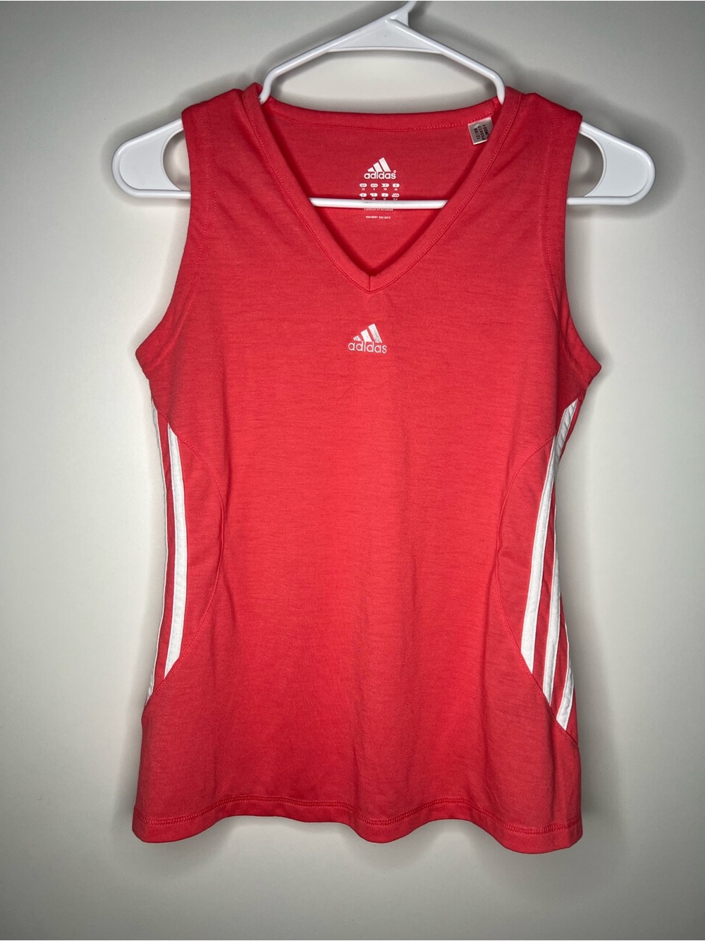 adidas Coral Red V-Neck Athletic Tank with White Stripes